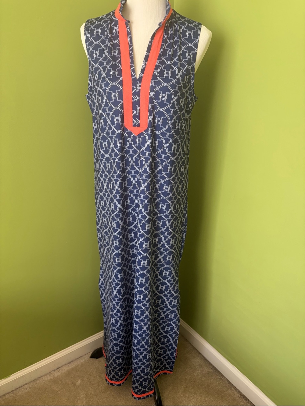 Cabana Life Navy Geometric Maxi Dress with Coral Trim